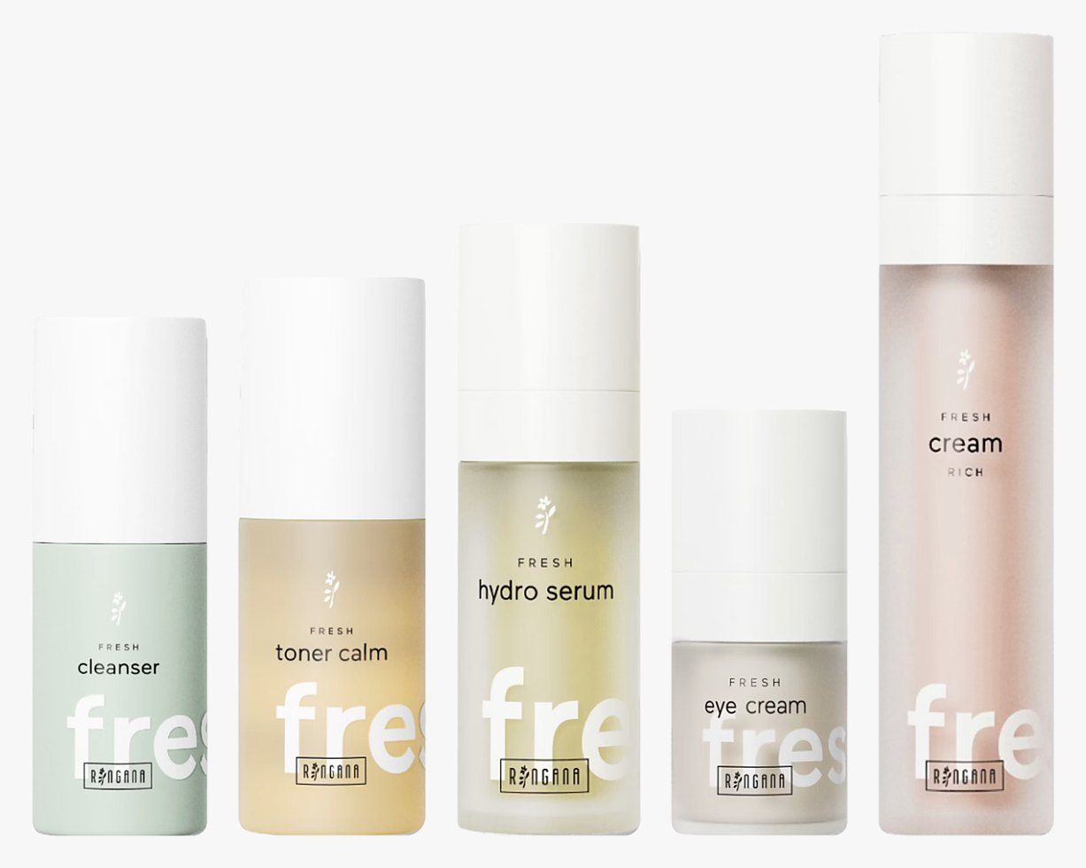 RINGANA FRESH cleanser, toner calm, hydro serum, eye cream and cream rich